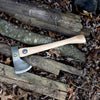 Handcrafted kindling axe with high carbon steel blade and smooth hickory handle, featuring American-made quality, ideal for farm, garden, camping, and woodcutting tasks.