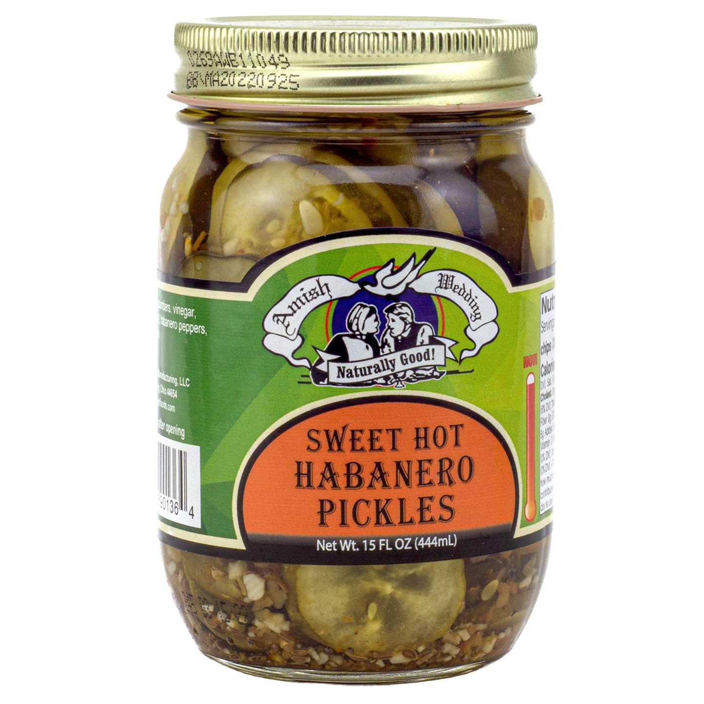 Glass jar of handcrafted sweet and spicy pickles blended with hot habanero peppers, made in USA, ideal for Kitchen & Food, Pantry, and Best Sellers collections.