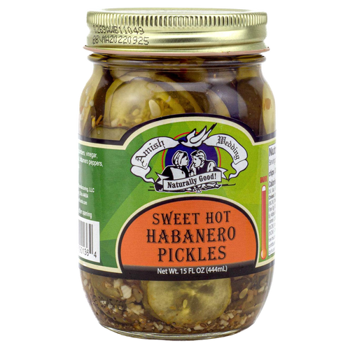 Glass jar of handcrafted sweet and spicy pickles blended with hot habanero peppers, made in USA, ideal for Kitchen & Food, Pantry, and Best Sellers collections.