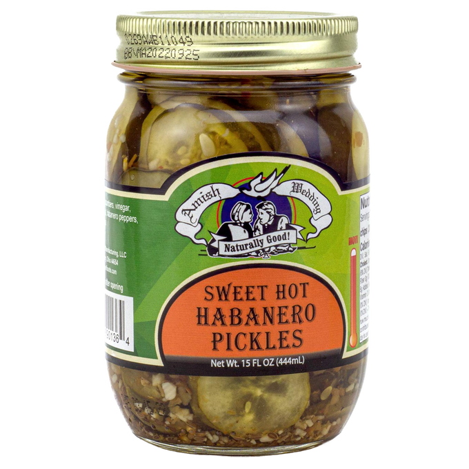 Glass jar of handcrafted sweet and spicy pickles blended with hot habanero peppers, made in USA, ideal for Kitchen & Food, Pantry, and Best Sellers collections.