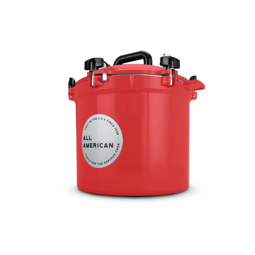 Bright red handcrafted All American 21.5-quart pressure canner with secure locking lid and sturdy handle, made in USA for Kitchen & Food, Food Preservation, Canning, Pressure Canners, and Best Sellers collections.