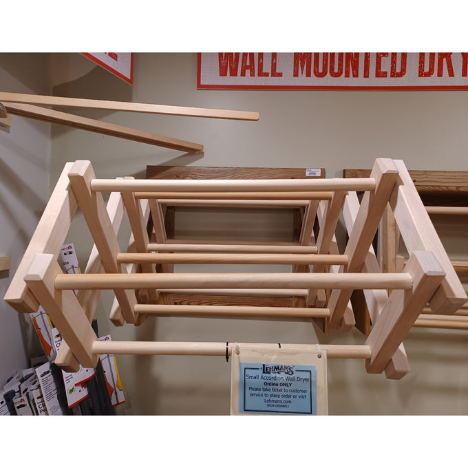 Handcrafted Amish made wooden accordion drying rack in natural finish with multiple extending rods, ideal for laundry supplies, home decor, and drying accessories collections.