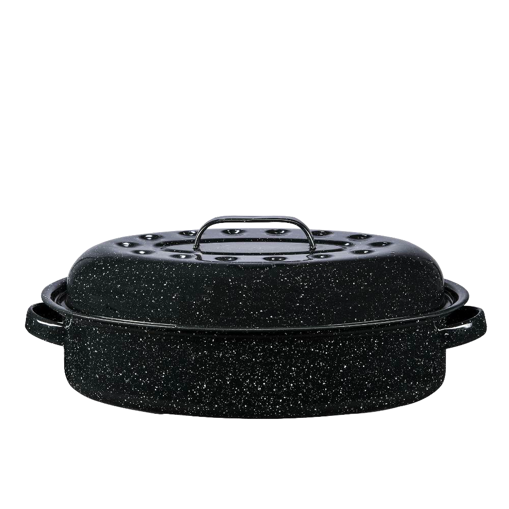 Handcrafted graniteware roaster in black enamel-on-steel with side handles and domed lid featuring internal dimples for self-basting, ideal for Kitchen & Food and Cookware collections.