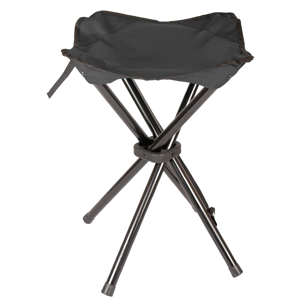 Compact three-legged folding camping stool with durable dark fabric seat and sturdy metal legs, ideal for outdoor activities, featured in Farm, Garden & Tool, Camping, Best Sellers, Promo Eligible, and Sale collections.