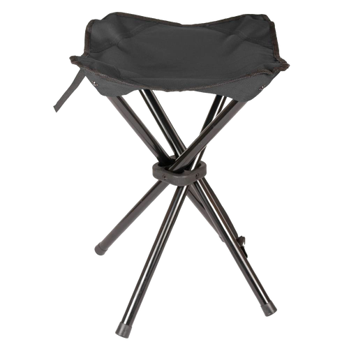 Compact three-legged folding camping stool with durable dark fabric seat and sturdy metal legs, ideal for outdoor activities, featured in Farm, Garden & Tool, Camping, Best Sellers, Promo Eligible, and Sale collections.