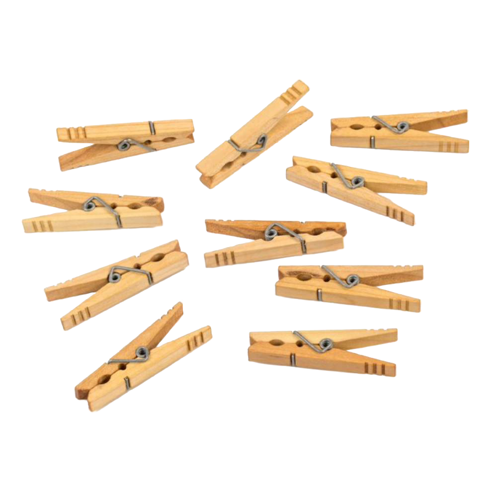 Set of handcrafted maple spring clothespins with stainless steel springs made in the USA, perfect for Home & Decor, Laundry Supplies, and Clothesline Accessories collections.