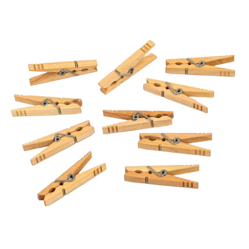 Set of handcrafted maple spring clothespins with stainless steel springs made in the USA, perfect for Home & Decor, Laundry Supplies, and Clothesline Accessories collections.
