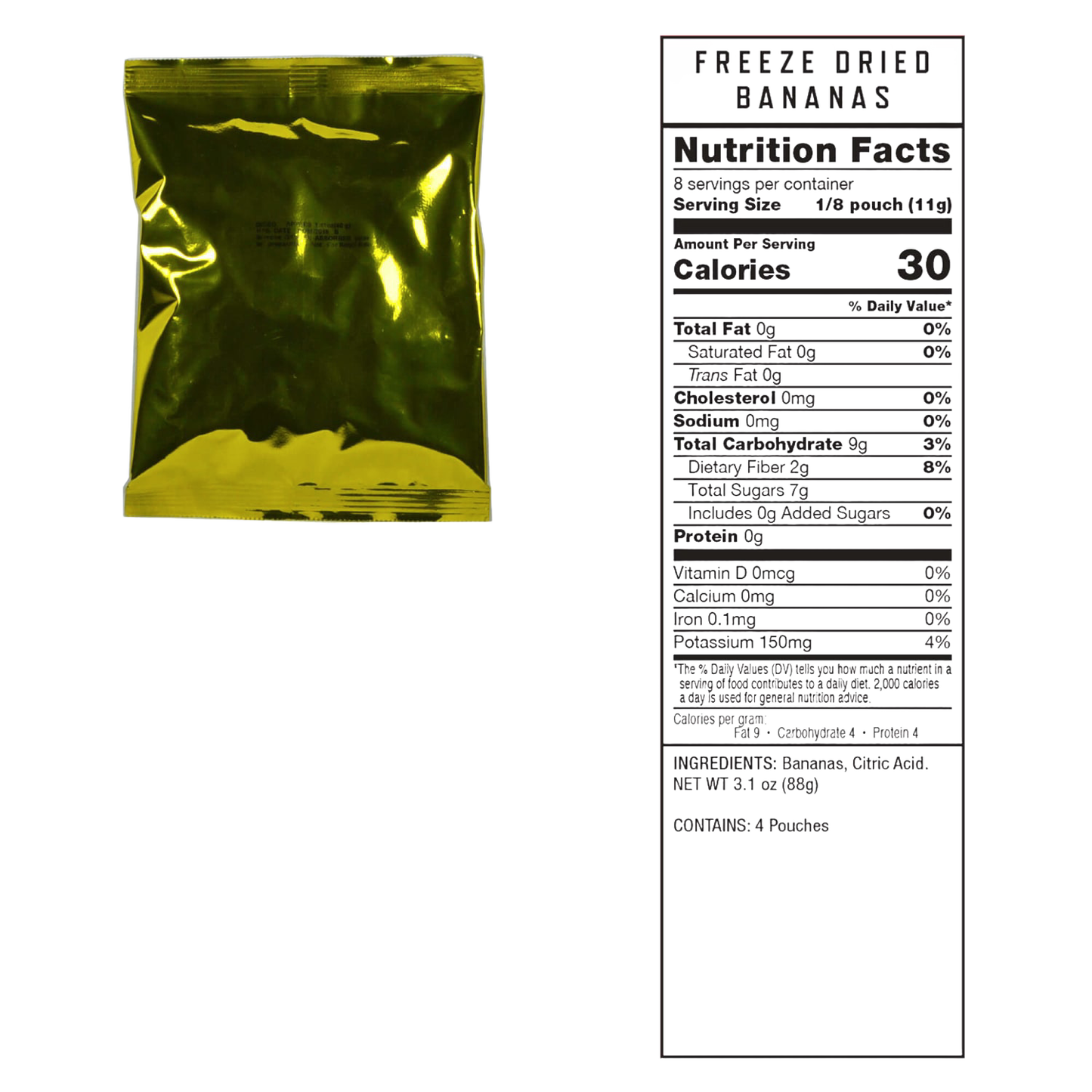 Sealed metallic gold pouch of freeze-dried bananas alongside a detailed nutrition facts label, suitable for emergency supplies, pantry, kitchen, and USA made food collections.