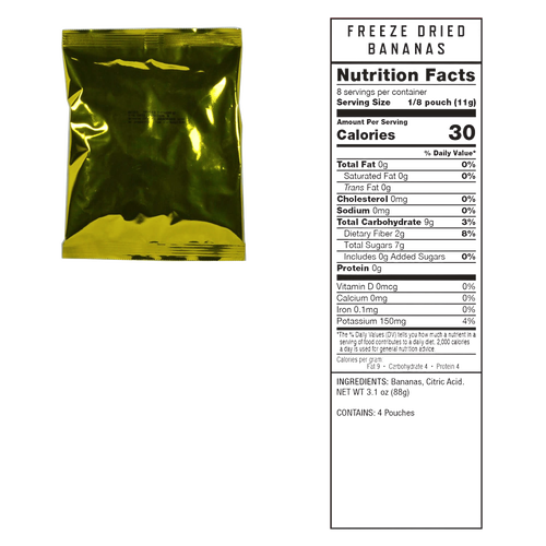 Sealed metallic gold pouch of freeze-dried bananas alongside a detailed nutrition facts label, suitable for emergency supplies, pantry, kitchen, and USA made food collections.