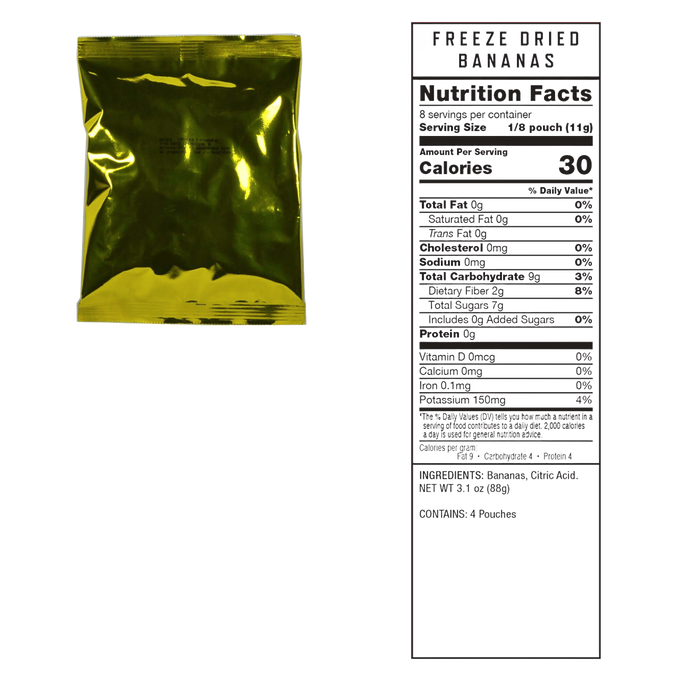 Sealed metallic gold pouch of freeze-dried bananas alongside a detailed nutrition facts label, suitable for emergency supplies, pantry, kitchen, and USA made food collections.