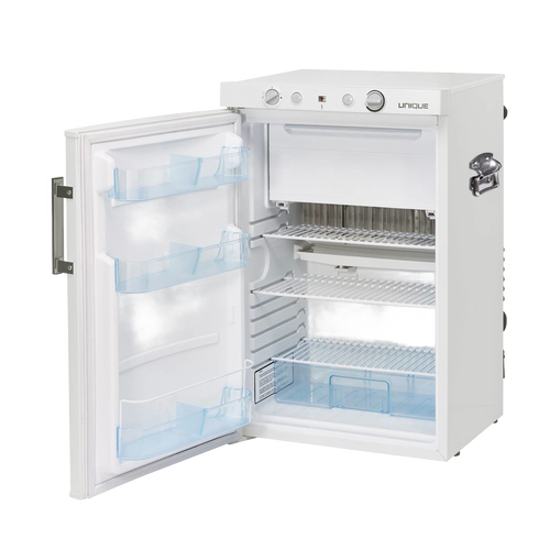 Handcrafted white outdoor gas refrigerator with three-way propane, 12V, and 110V operation, designed for Farm, Garden & Tool, Appliances, and Emergency Supplies collections.