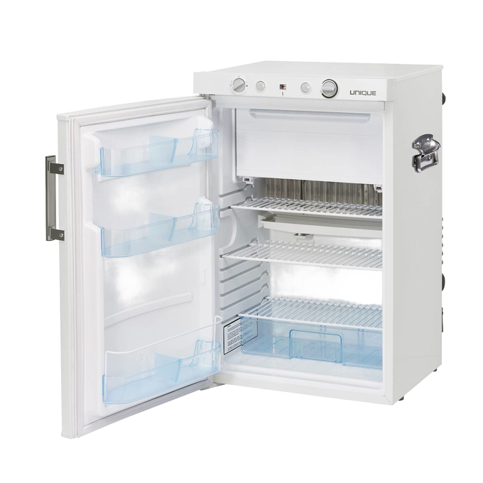 Handcrafted white outdoor gas refrigerator with three-way propane, 12V, and 110V operation, designed for Farm, Garden & Tool, Appliances, and Emergency Supplies collections.