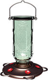 Clear vintage-style glass hummingbird feeder with embossed design, burnt penny base featuring five red flower-shaped feeding ports, ideal for farm, garden & animal care use.