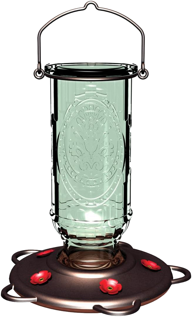 Clear vintage-style glass hummingbird feeder with embossed design, burnt penny base featuring five red flower-shaped feeding ports, ideal for farm, garden & animal care use.