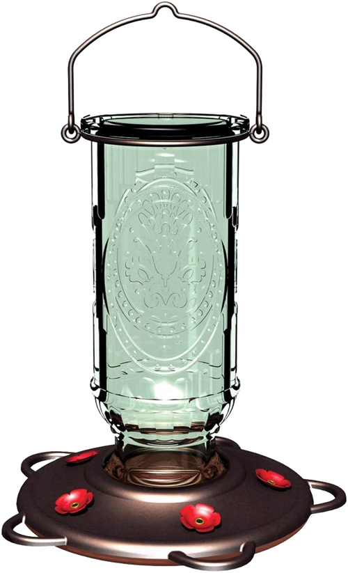 Clear vintage-style glass hummingbird feeder with embossed design, burnt penny base featuring five red flower-shaped feeding ports, ideal for farm, garden & animal care use.