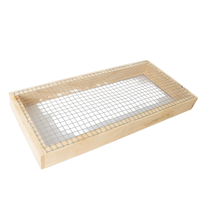 Handcrafted wooden feeder with metal mesh top designed to support bees during low honey supply, Amish made in USA, ideal for farm, garden, and beekeeping use.