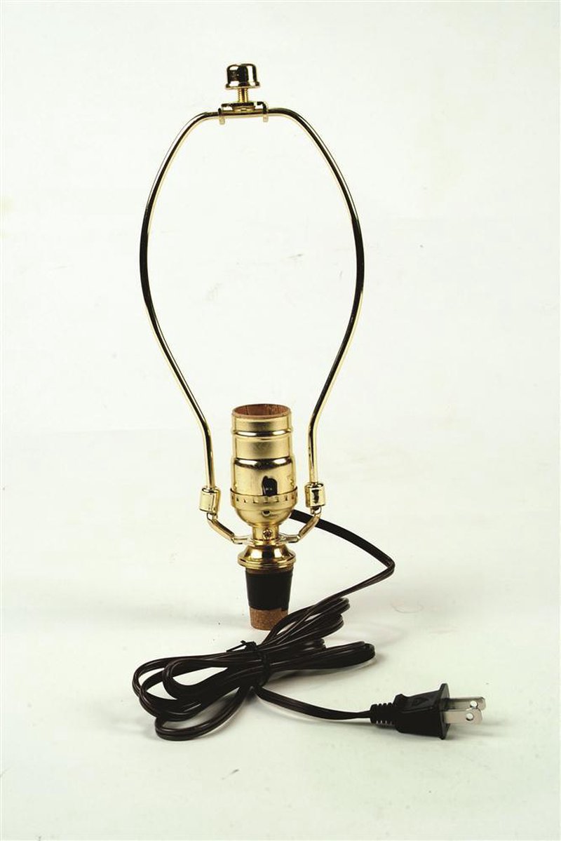 Brass-plated lamp harp and push-thru socket with adjustable cork adapter and six-foot cord, designed for electric light conversions; featured in Lamps & Lighting and Parts and Accessories collections.