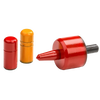 Set of three enamel-finished peening tools, hand-painted in vibrant red and yellow, designed for precise edge work on scythe blades, featured in Farm, Garden & Tool and Lawncare collections.