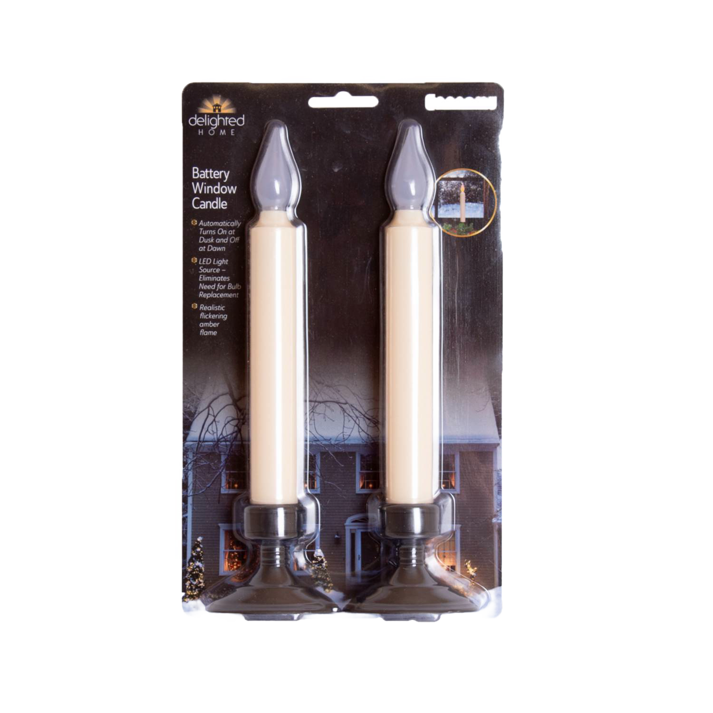 Pair of battery-operated taper window candles with realistic amber flickering flame effect, slim base for windowsills, part of Home & Decor, Lamps & Lighting, Holiday Decor, and Best Sellers collections.