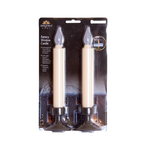 Pair of battery-operated taper window candles with realistic amber flickering flame effect, slim base for windowsills, part of Home & Decor, Lamps & Lighting, Holiday Decor, and Best Sellers collections.