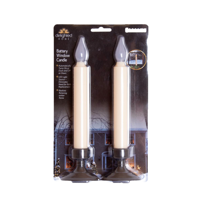 Pair of battery-operated taper window candles with realistic amber flickering flame effect, slim base for windowsills, part of Home & Decor, Lamps & Lighting, Holiday Decor, and Best Sellers collections.