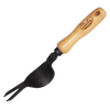 Handcrafted garden weeding tool with a sturdy wooden handle and curved metal head, designed for easy leverage and effective weed removal, ideal for farm and garden use.