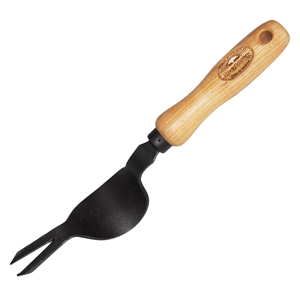Handcrafted garden weeding tool with a sturdy wooden handle and curved metal head, designed for easy leverage and effective weed removal, ideal for farm and garden use.