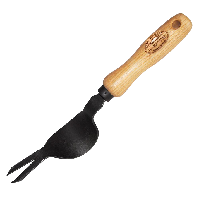 Handcrafted garden weeding tool with a sturdy wooden handle and curved metal head, designed for easy leverage and effective weed removal, ideal for farm and garden use.