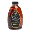 Plastic squeeze bottle of rich amber Ohio honey with black screw cap and black label detailing natural, unpasteurized honey from local honeybees, featured in Farm, Garden & Tool, Kitchen & Food, Emergency Supplies, Food, Pantry, USA Made, Best Sellers, and Promo Eligible collections.