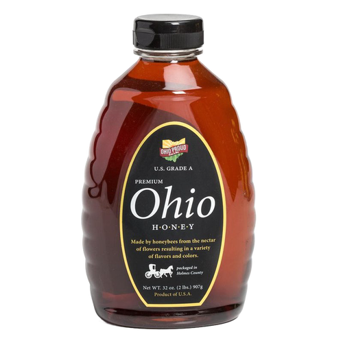 Plastic squeeze bottle of rich amber Ohio honey with black screw cap and black label detailing natural, unpasteurized honey from local honeybees, featured in Farm, Garden & Tool, Kitchen & Food, Emergency Supplies, Food, Pantry, USA Made, Best Sellers, and Promo Eligible collections.