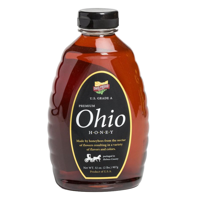 Plastic squeeze bottle of rich amber Ohio honey with black screw cap and black label detailing natural, unpasteurized honey from local honeybees, featured in Farm, Garden & Tool, Kitchen & Food, Emergency Supplies, Food, Pantry, USA Made, Best Sellers, and Promo Eligible collections.