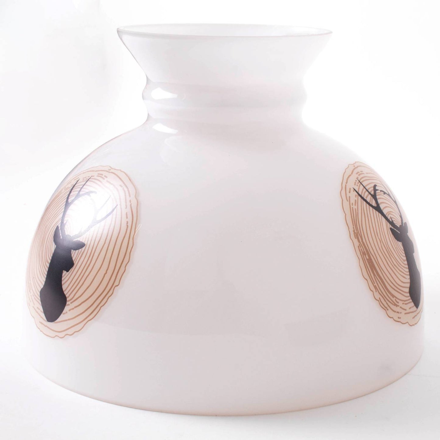 Handcrafted 10-inch glass lamp shade with a smooth white finish featuring a black deer silhouette inside concentric wood grain circles, part of Lamps & Lighting, Parts and Accessories, Lamp Shades, Best Sellers, and Promo Eligible collections.