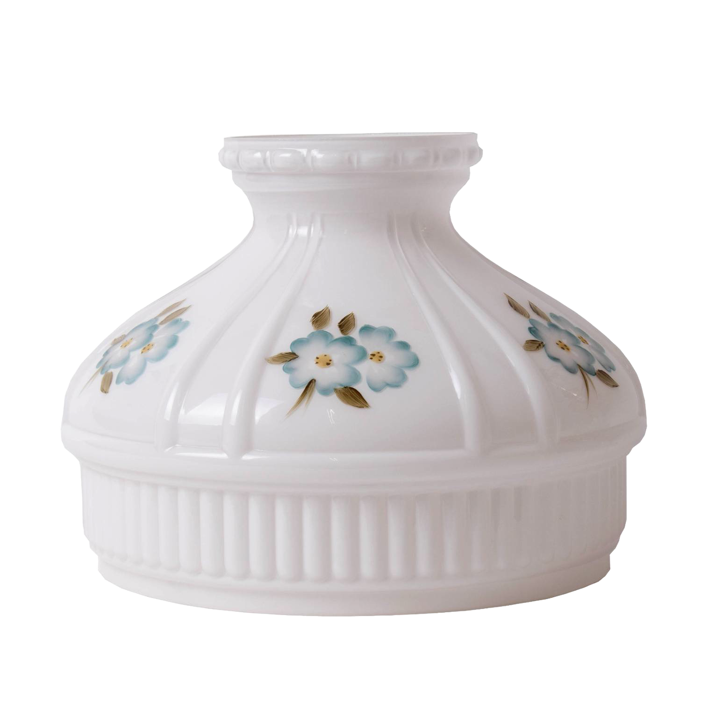 Handcrafted white glass oil lamp shade featuring delicate blue dogwood flower patterns, designed for lamps and lighting with a vintage-inspired style, part of best sellers and promo eligible collections.