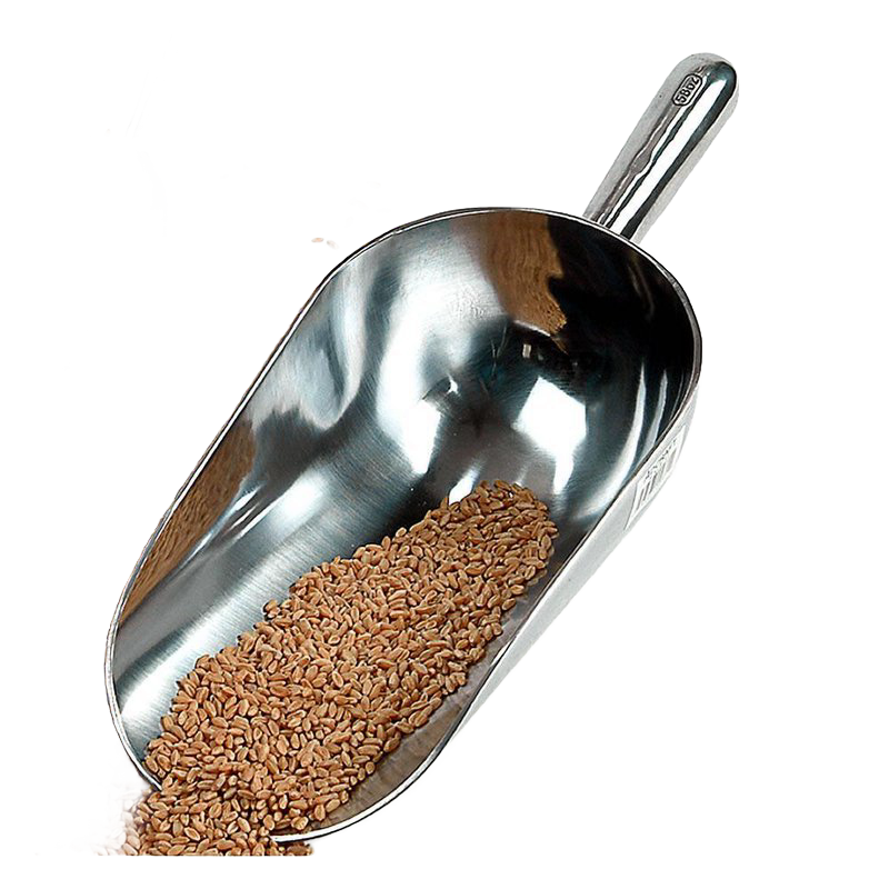 Heavy-duty cast aluminum grain scoop with smooth mirror finish and comfortable contoured handle, partially filled with grain, suitable for Farm, Garden & Tool, Farm Tools, Best Sellers, and Promo Eligible collections.