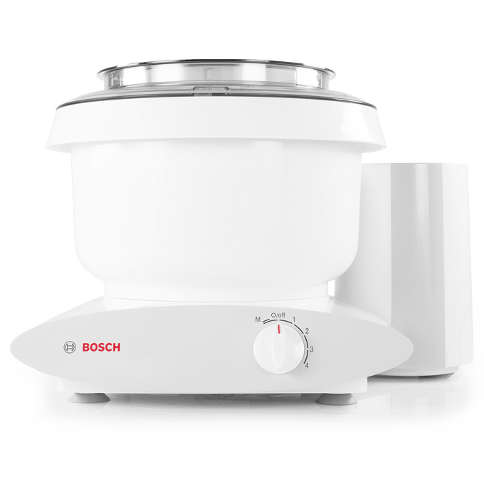 Compact white stand mixer with a mixing bowl and simple dial control, designed for efficient dough kneading and baking tasks in kitchen gadgets and baking supplies collections.
