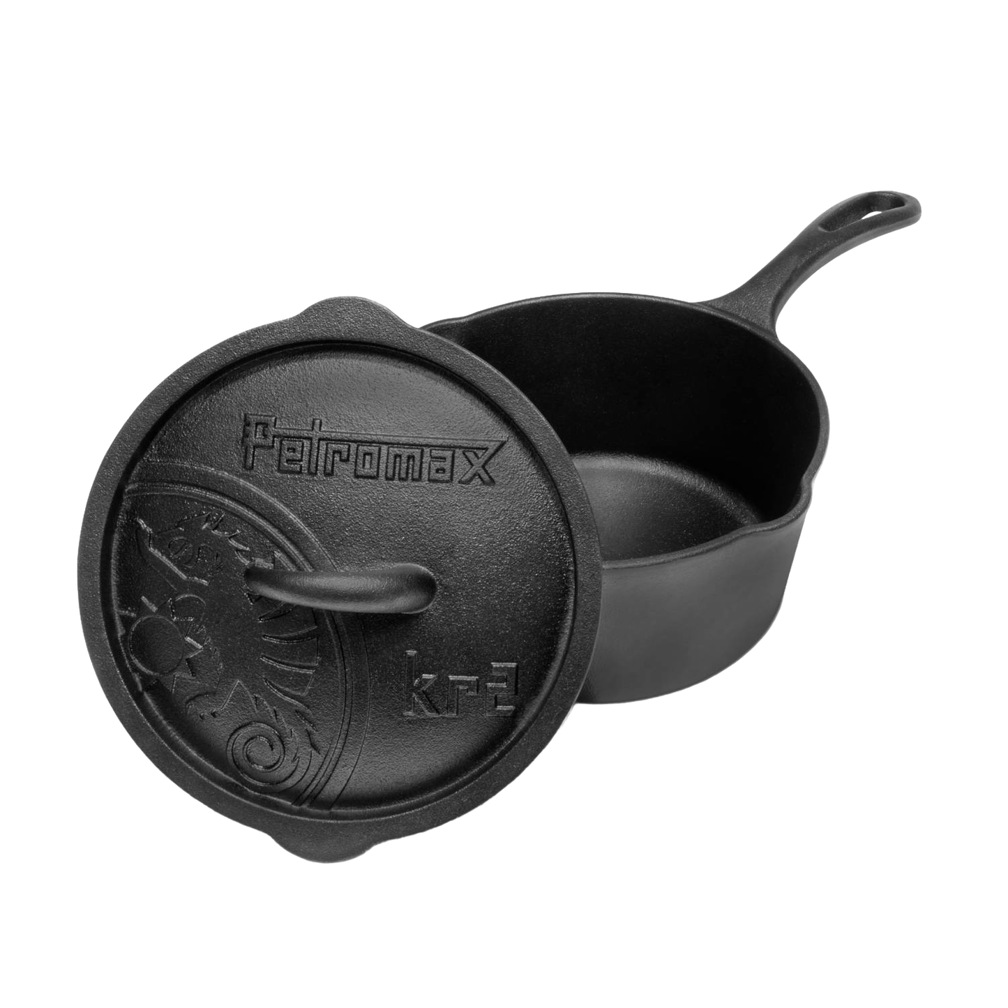 Heavy-duty cast iron saucepan with embossed lid featuring self-basting design and ergonomic handle, perfect for farm, garden, camping, kitchen, cookware, and cast iron collections.