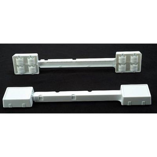 Set of adjustable white plastic appliance rollers designed to raise and easily move heavy household appliances, ideal for use in home & decor, stoves, and refrigerators collections.