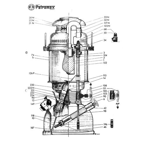 Detailed black and white technical diagram of a pressure lamp assembly, illustrating labeled components and parts for lamps and lighting repair and maintenance purposes.
