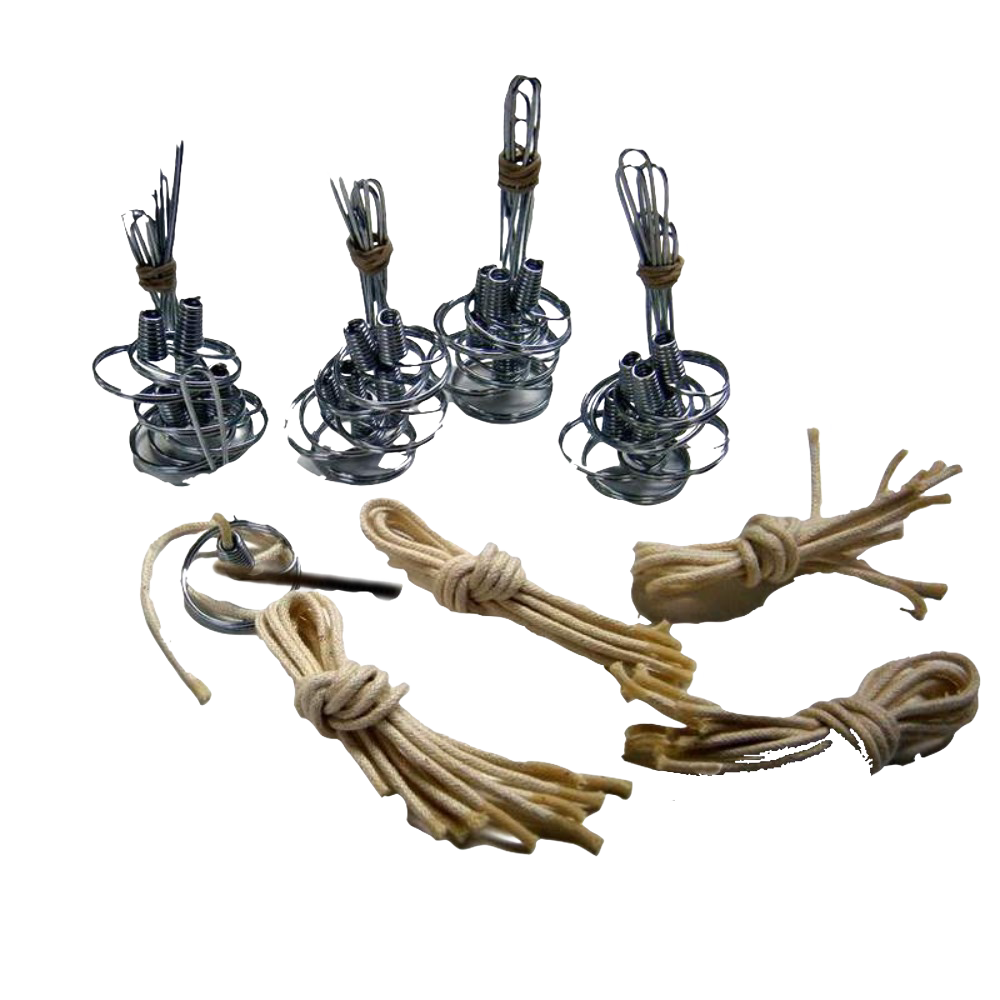 Set of handcrafted steel oil lamp parts with braided cotton wicks, designed for votive-sized jars, part of USA Made, Lamps & Lighting, Oil Lamps, and Olive Oil Lamps collections.