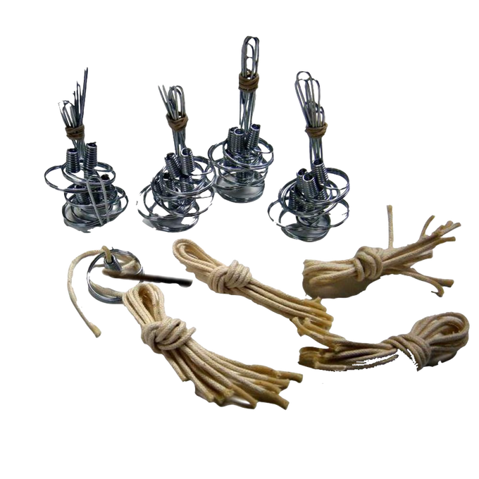Set of handcrafted steel oil lamp parts with braided cotton wicks, designed for votive-sized jars, part of USA Made, Lamps & Lighting, Oil Lamps, and Olive Oil Lamps collections.