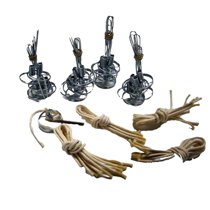 Set of handcrafted steel oil lamp parts with braided cotton wicks, designed for votive-sized jars, part of USA Made, Lamps & Lighting, Oil Lamps, and Olive Oil Lamps collections.