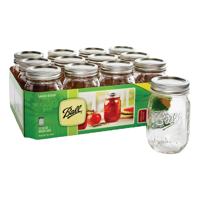 Set of twelve clear glass canning jars with silver metal lids, including bands, presented in branded packaging, perfect for Kitchen & Food, Food Preservation, Canning, USA Made, Best Sellers, and Promo Eligible collections.