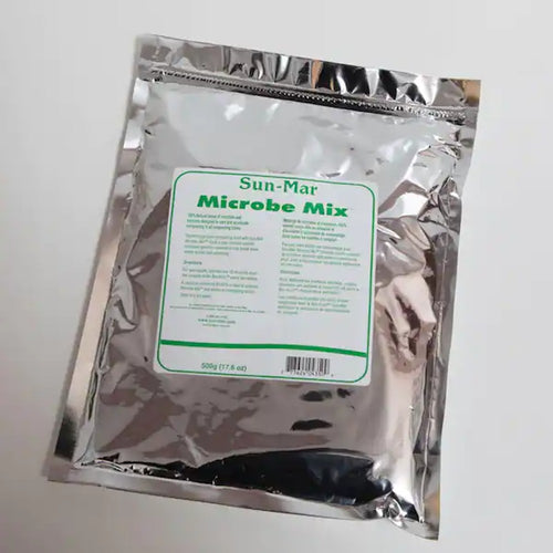 Silver foil pouch containing Sun-Mar Microbe Mix aerobic bacteria for enhancing microbial activity in composting toilets and appliances, featured in Best Sellers and Promo Eligible collections.