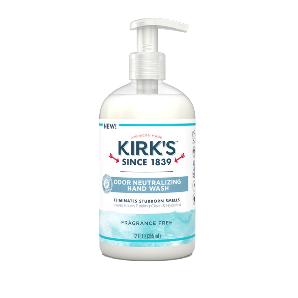 Clear plastic pump bottle of fragrance-free Kirk's odor neutralizing hand wash with moisturizing aloe vera and coconut oil, made in USA, featured in Health & Wellness, Grooming, Soaps, and Best Sellers collections.