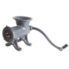 Cast iron manual meat grinder with a crank handle and perforated grinding plate, designed for kitchen and specialty equipment use, USA made and featured in butchering supplies.
