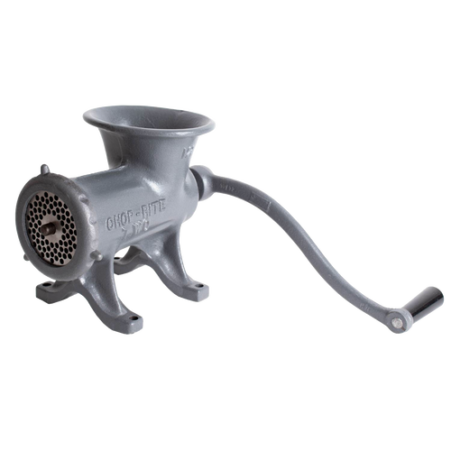 Cast iron manual meat grinder with a crank handle and perforated grinding plate, designed for kitchen and specialty equipment use, USA made and featured in butchering supplies.