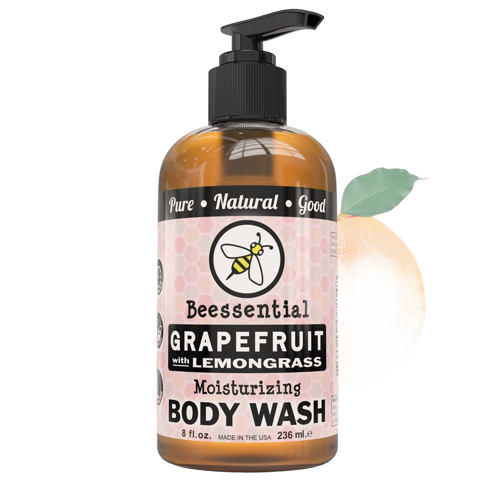 Amber 8 oz pump bottle of moisturizing body wash with grapefruit and lemongrass scent, featuring natural ingredients, handcrafted and made in USA, included in Health & Wellness and Soaps collections.