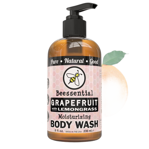 Amber 8 oz pump bottle of moisturizing body wash with grapefruit and lemongrass scent, featuring natural ingredients, handcrafted and made in USA, included in Health & Wellness and Soaps collections.