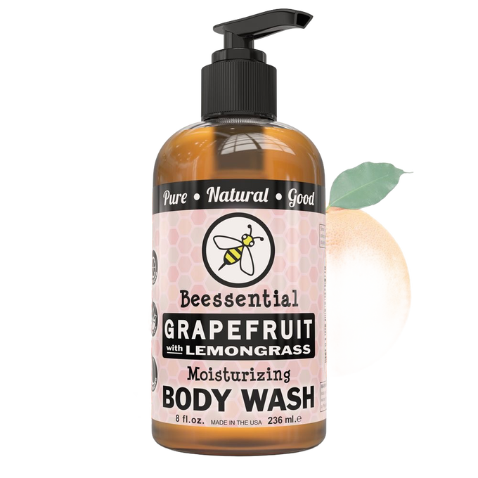 Amber 8 oz pump bottle of moisturizing body wash with grapefruit and lemongrass scent, featuring natural ingredients, handcrafted and made in USA, included in Health & Wellness and Soaps collections.