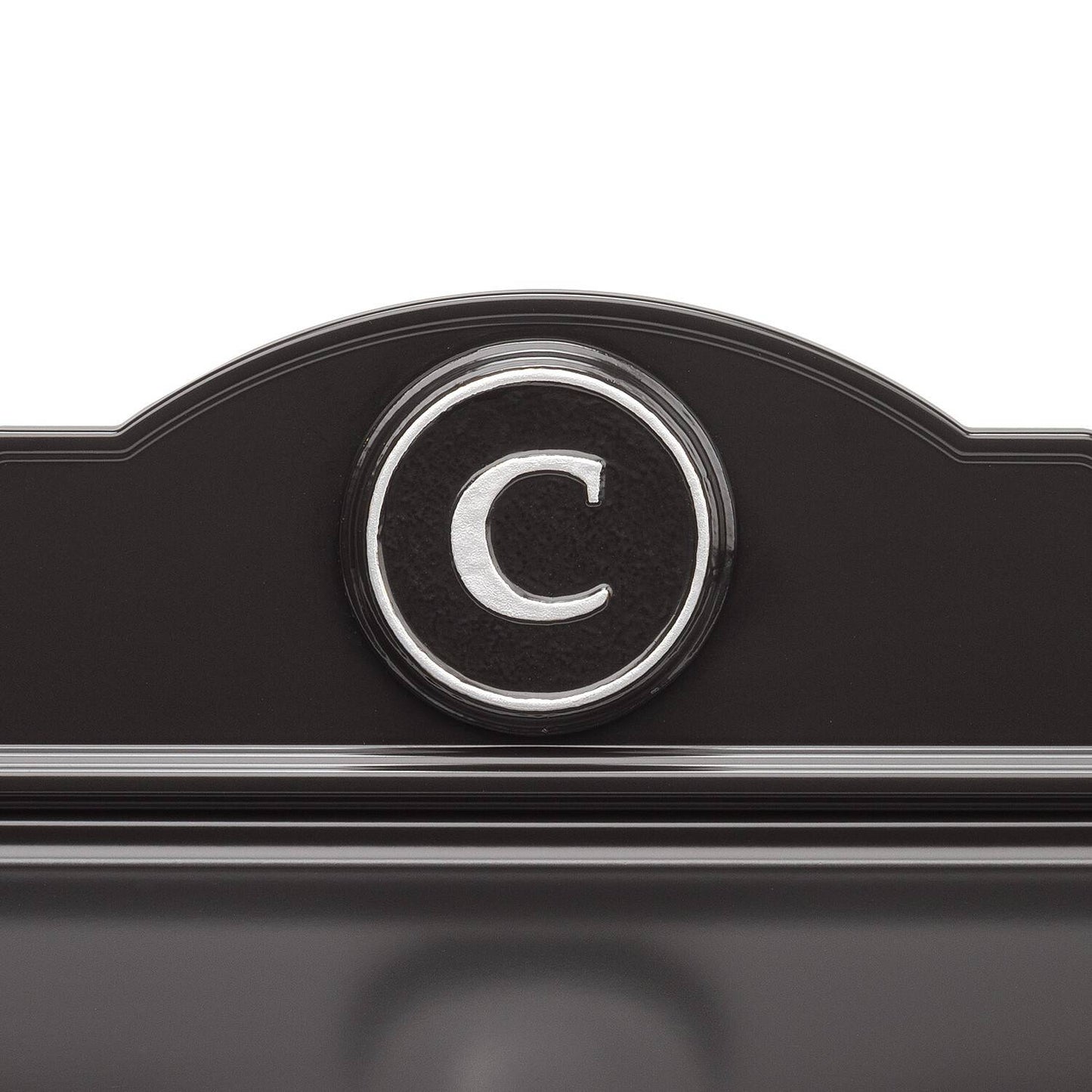 Handcrafted black and silver wall mount mailbox featuring a raised letter C monogram, enhancing curb appeal with elegant personalization, part of USA Made and Home & Decor collections.